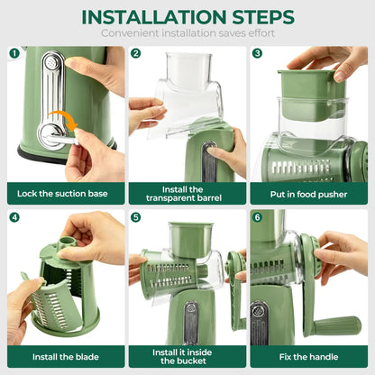 Rotary Grater | 5 Exquisitely Designed Blades in Different Shapes + Heavy-Duty Suction Cup Base