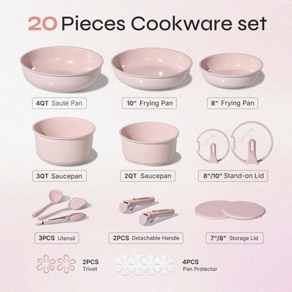20Pcs Ceramic Cookware Set Stand-Up Lid with Detachable Handle Set, Non Stick Pots and Pans Set Non Toxic, PFAS Free
