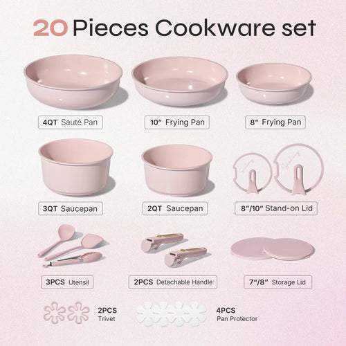 20Pcs Ceramic Cookware Set Stand-Up Lid with Detachable Handle Set, Non Stick Pots and Pans Set Non Toxic, PFAS Free