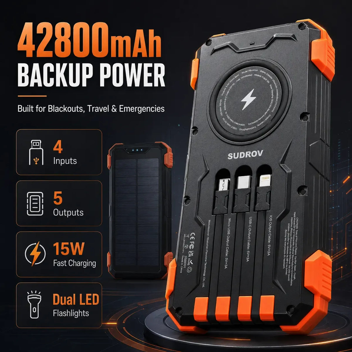 42800mAh Solar Portable Power Bank 15W Fast Charge | Wireless Charging, 4 Built-in Cables & 7 Output Ports