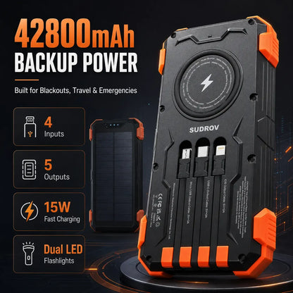 42800mAh Solar Portable Power Bank 15W Fast Charge | Wireless Charging, 4 Built-in Cables & 7 Output Ports