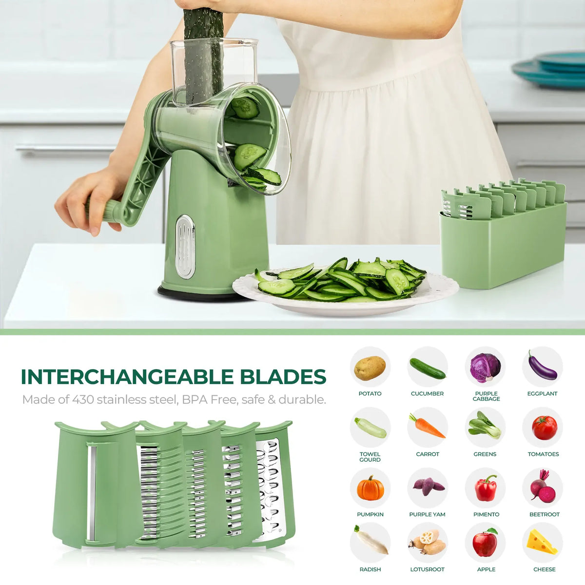 Rotary Grater | 5 Exquisitely Designed Blades in Different Shapes + Heavy-Duty Suction Cup Base